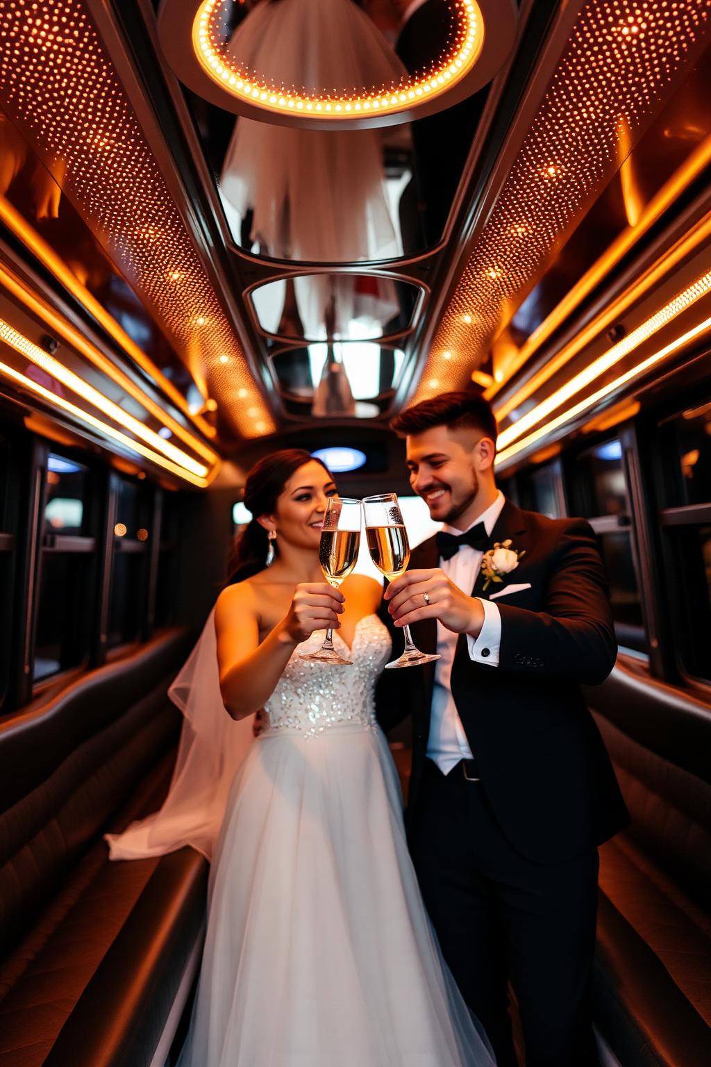 Bride and groom toasting champagne inside the bus