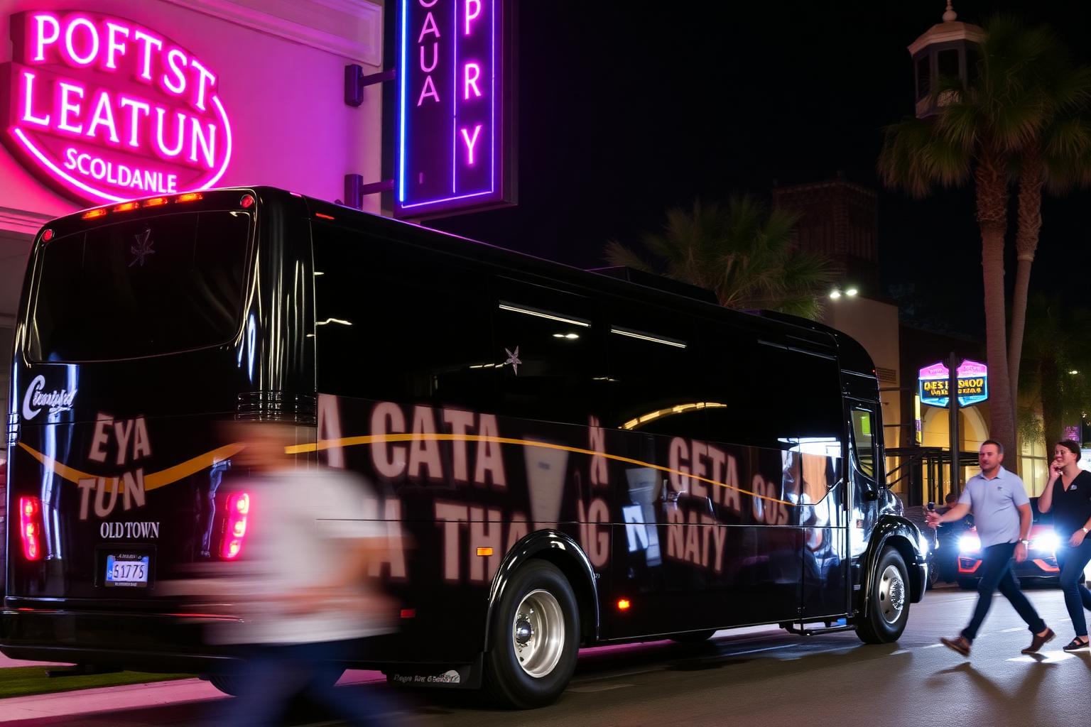 Party bus parked in Old Town Scottsdale at night